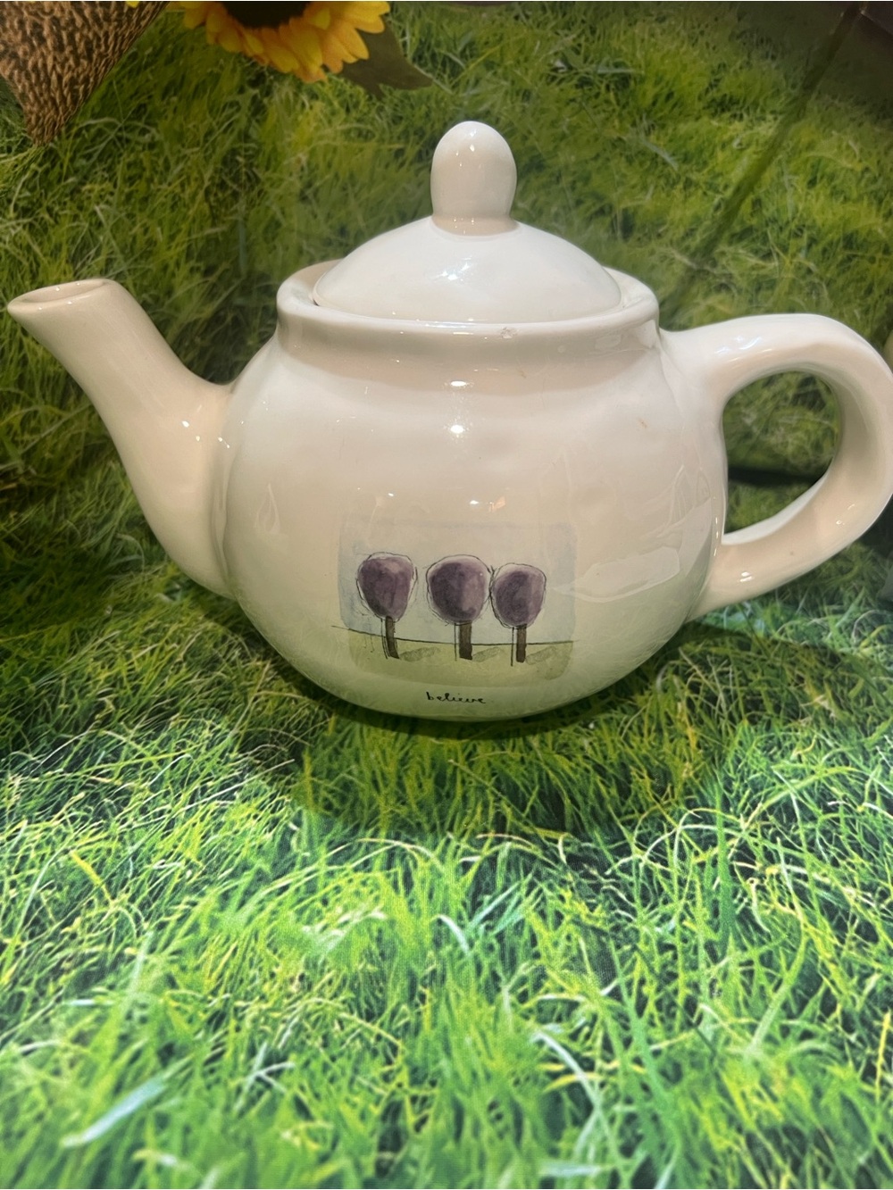 Rae Dunn Pottery barn  White Ceramic Teapot with Purple Tree Motif